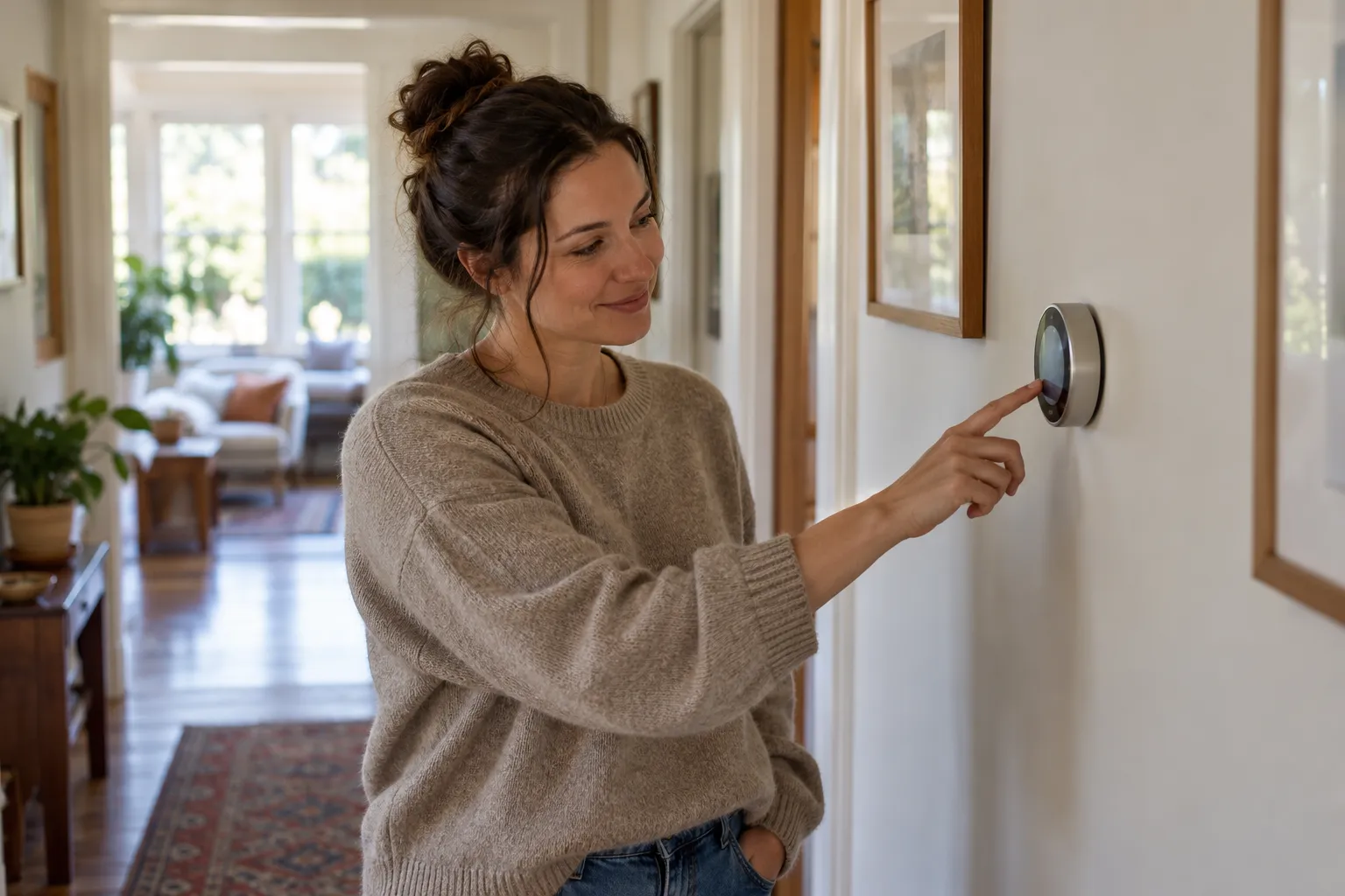 Homeowner checking a thermostat before contacting a provider in the Lebanon area